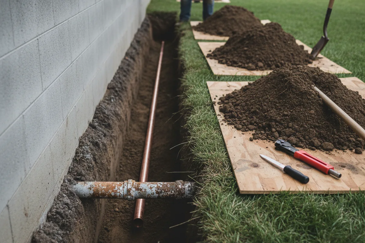 Excavated water line trench during Water Softener Installation in Red Rock